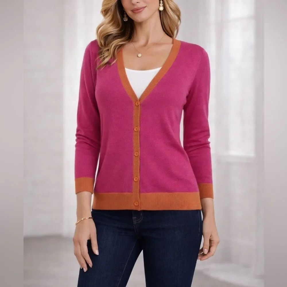 AUR Merino Wool Blend Pink Cardigan Contrast Trim Button Front Size S
